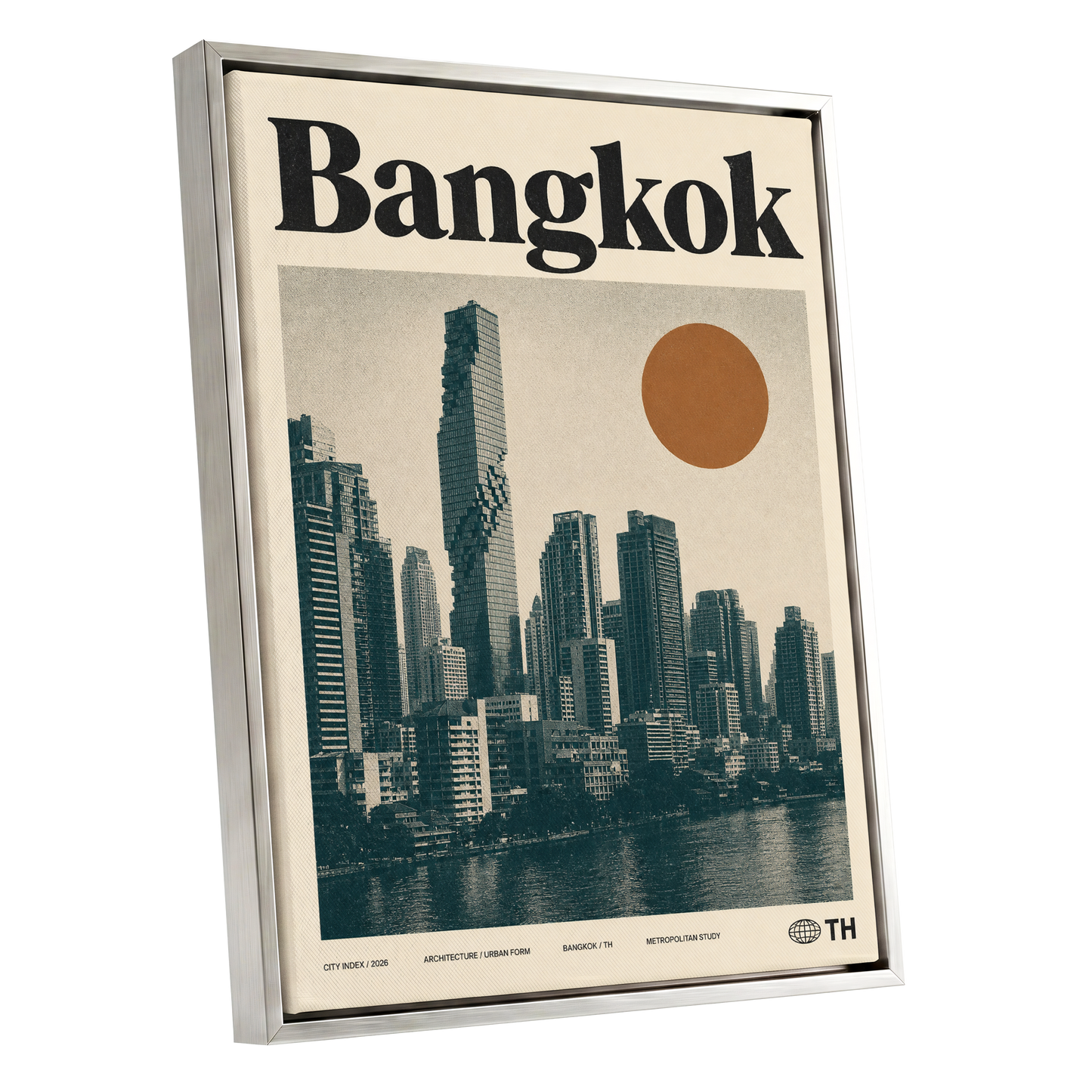 Bangkok Urban Sun, beige, black, brown minimalist wall art shown as a silver framed canvas wall art