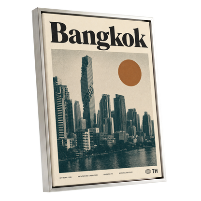 Bangkok Urban Sun, beige, black, brown minimalist wall art shown as a silver framed canvas wall art