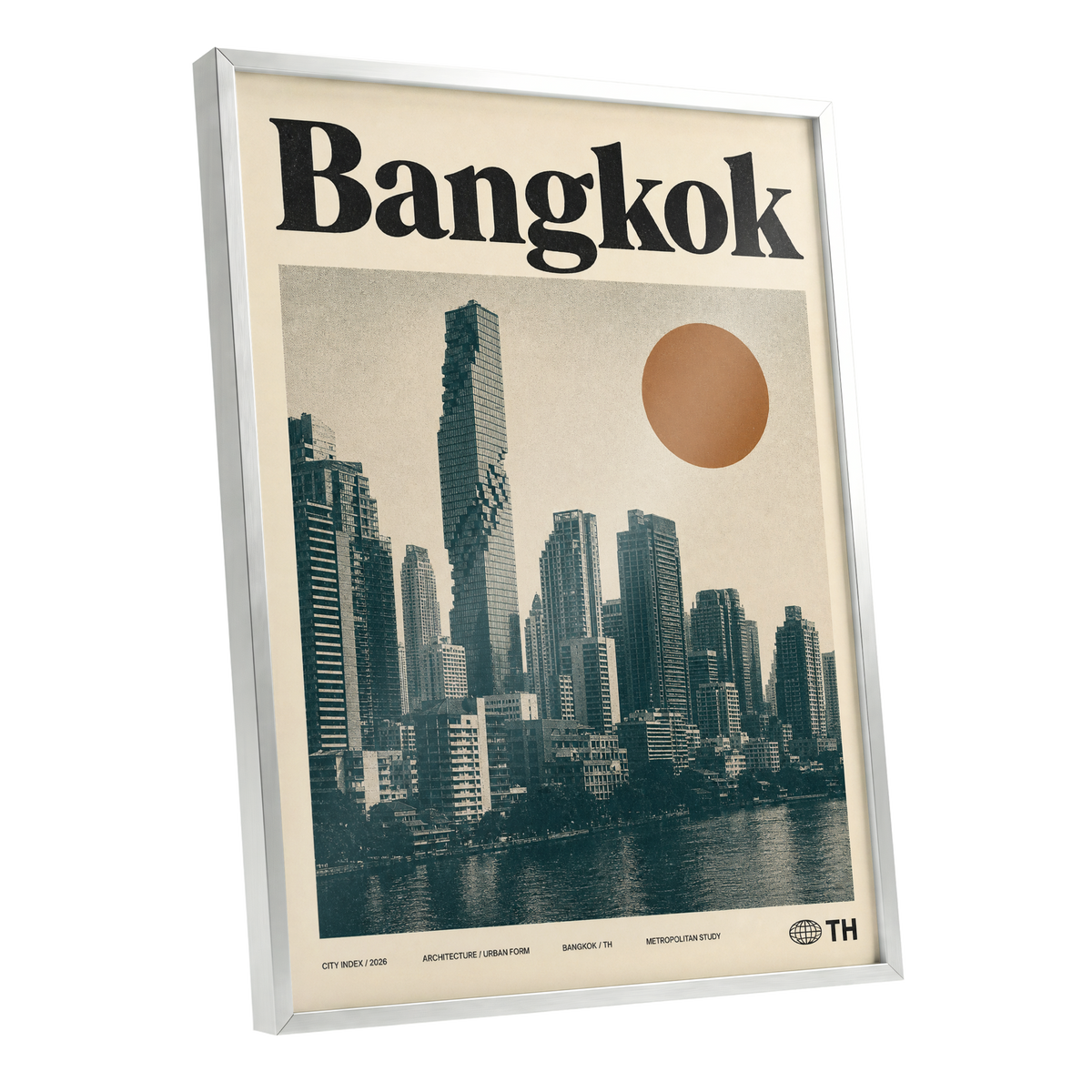 Bangkok Urban Sun, beige, black, brown minimalist wall art shown as a silver framed poster wall art print