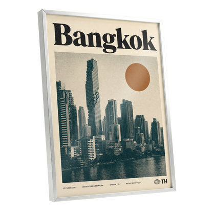 Bangkok Urban Sun, beige, black, brown minimalist wall art shown as a silver framed poster wall art print