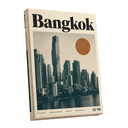 Bangkok Urban Sun, beige, black, brown minimalist wall art shown as a stretched canvas wall art