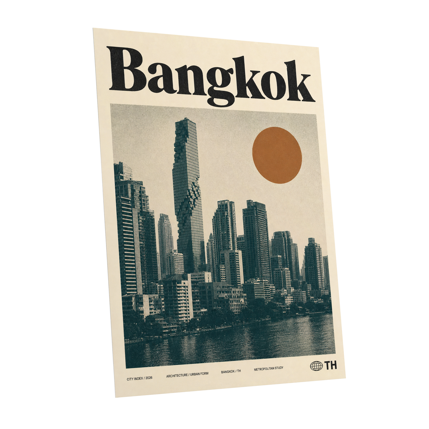 Bangkok Urban Sun, beige, black, brown minimalist wall art shown as a unframed poster wall art print
