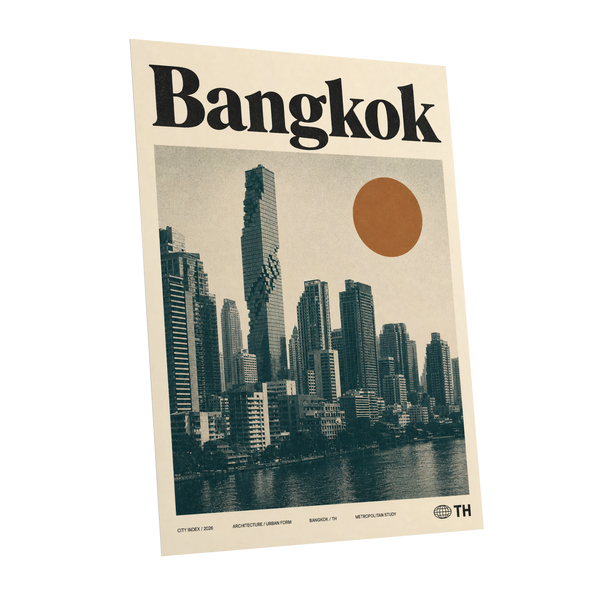 Bangkok Urban Sun, beige, black, brown minimalist wall art shown as a unframed poster wall art print