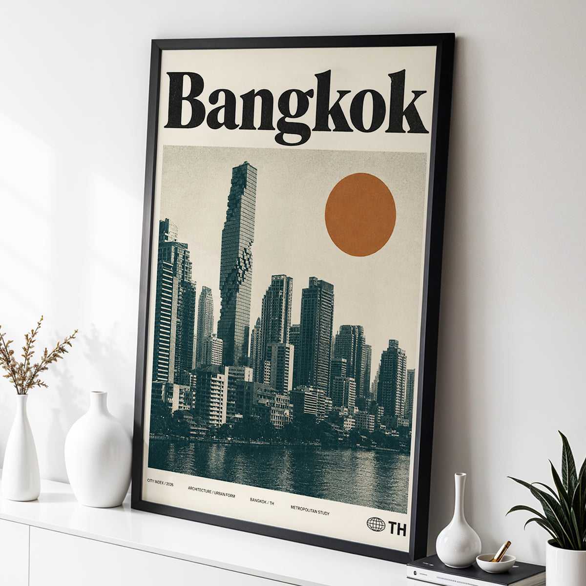 Bangkok Urban Sun, beige, black, brown minimalist wall art displayed in a styled interior, gallery view 2