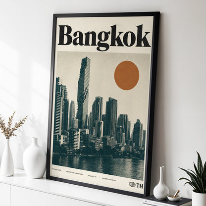 Bangkok Urban Sun, beige, black, brown minimalist wall art displayed in a styled interior, gallery view 2