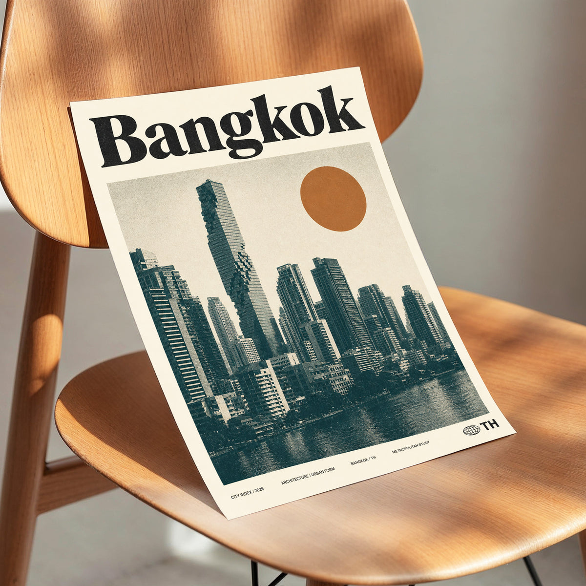 Bangkok Urban Sun, beige, black, brown minimalist wall art displayed in a styled interior, gallery view 3