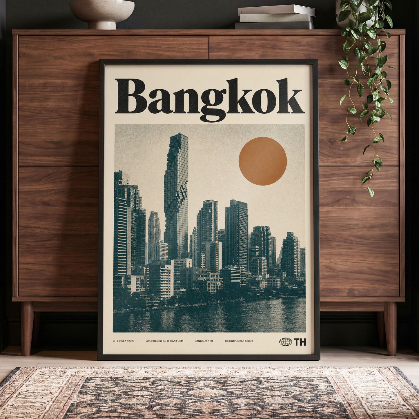 Bangkok Urban Sun, beige, black, brown minimalist wall art displayed in a styled interior, gallery view 4