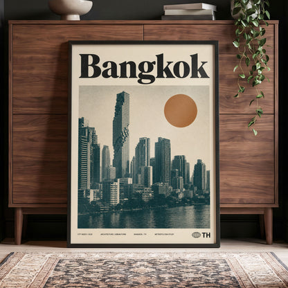 Bangkok Urban Sun, beige, black, brown minimalist wall art displayed in a styled interior, gallery view 4