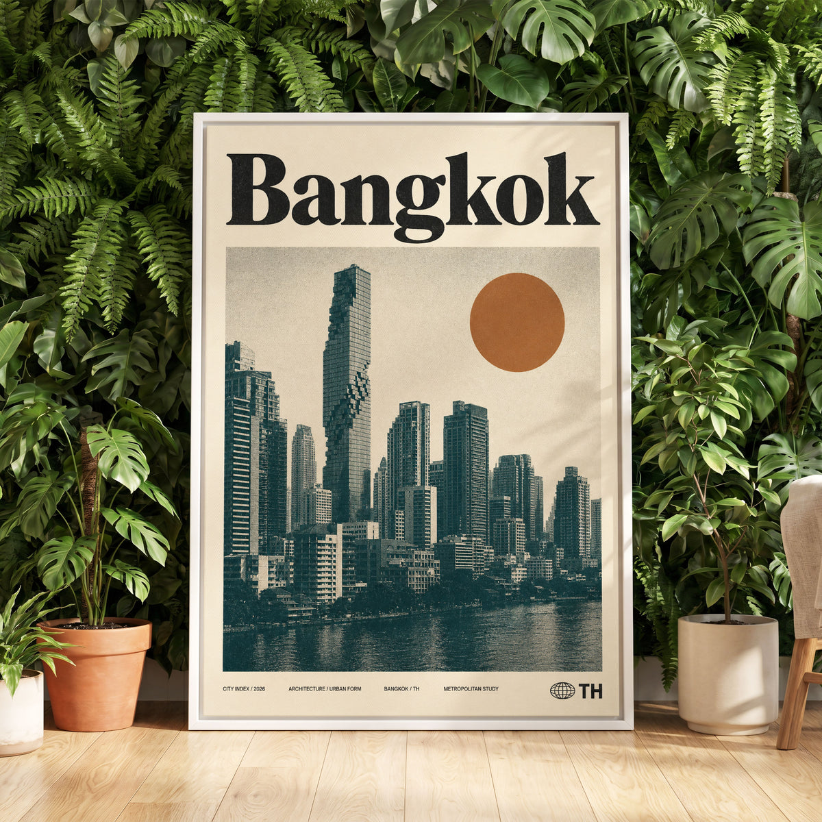 Bangkok Urban Sun, beige, black, brown minimalist wall art displayed in a styled interior, gallery view 5