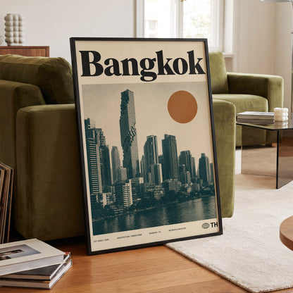 Bangkok Urban Sun, beige, black, brown minimalist wall art displayed in a styled interior, gallery view 6