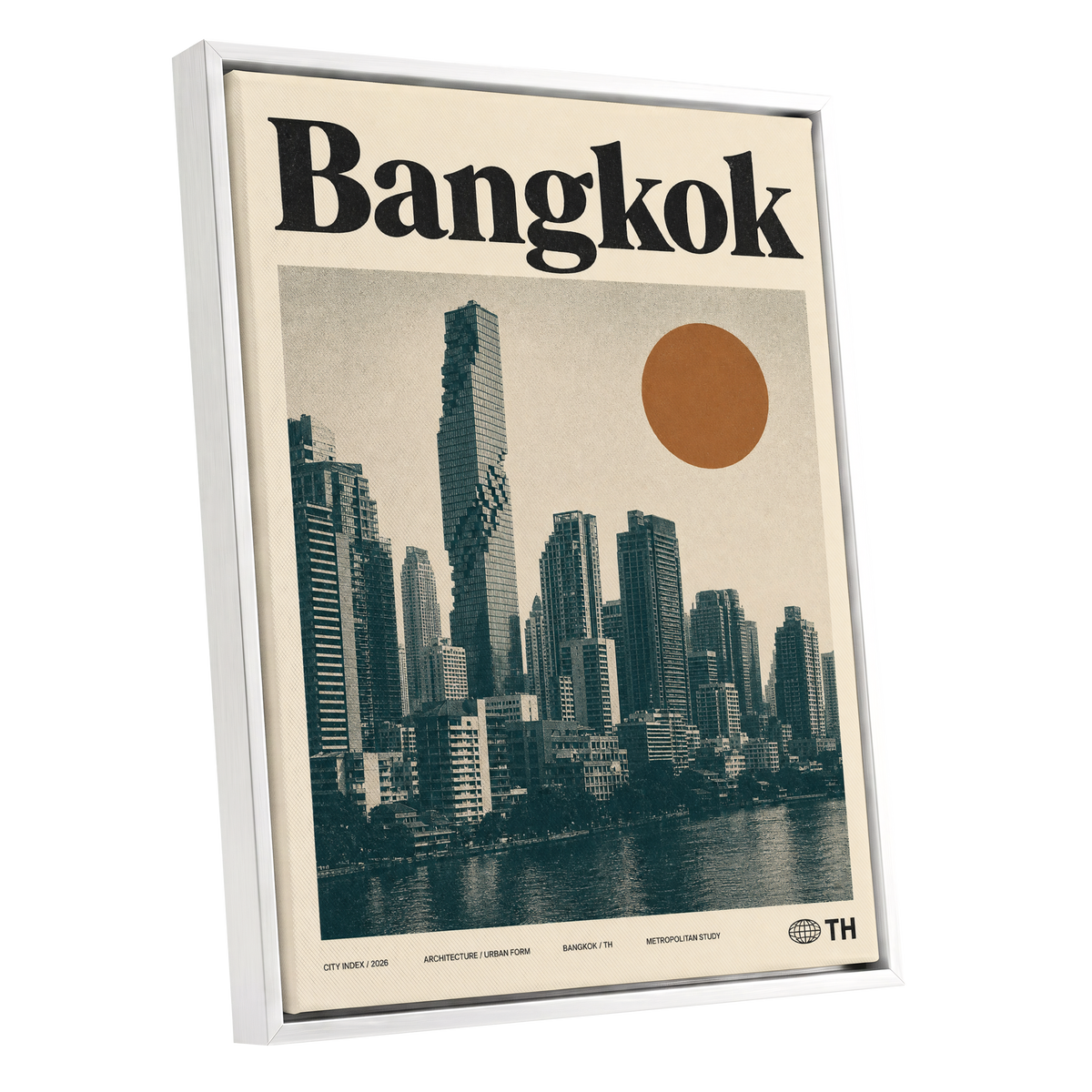 Bangkok Urban Sun, beige, black, brown minimalist wall art shown as a white framed canvas wall art