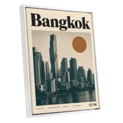 Bangkok Urban Sun, beige, black, brown minimalist wall art shown as a white framed canvas wall art