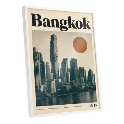 Bangkok Urban Sun, beige, black, brown minimalist wall art shown as a white framed poster wall art print
