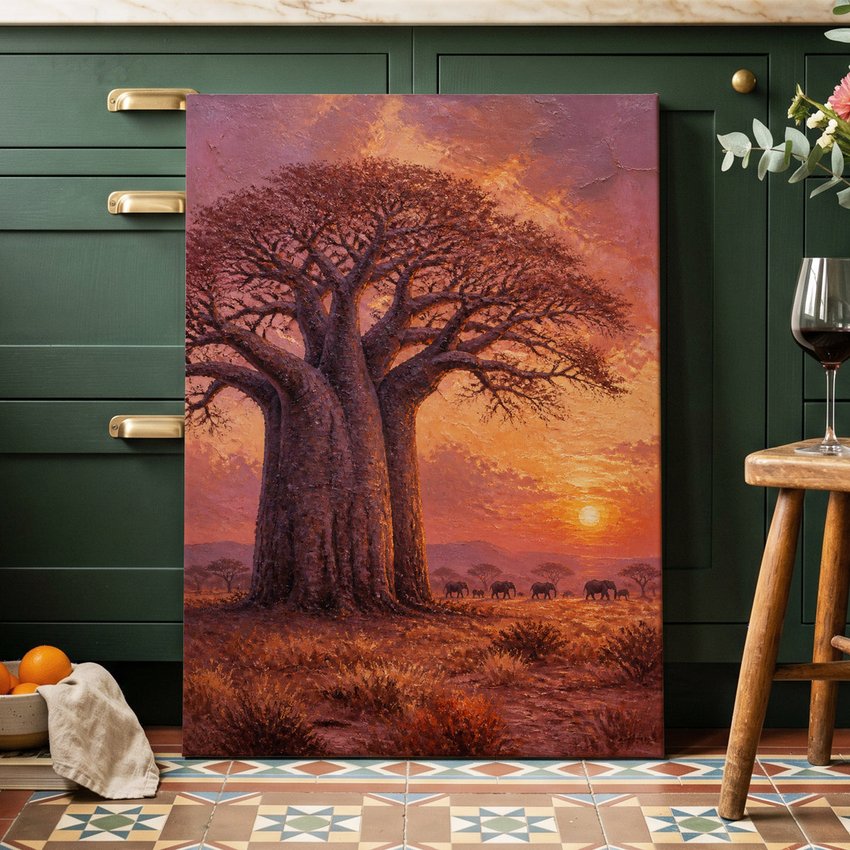 Baobab at Sundown, brown, orange, pink nature wall art on canvas displayed in a styled interior, gallery view 1