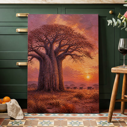 Baobab at Sundown, brown, orange, pink nature wall art on canvas displayed in a styled interior, gallery view 1