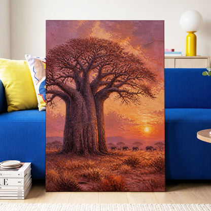 Baobab at Sundown, brown, orange, pink nature wall art on canvas displayed in a styled interior, gallery view 2