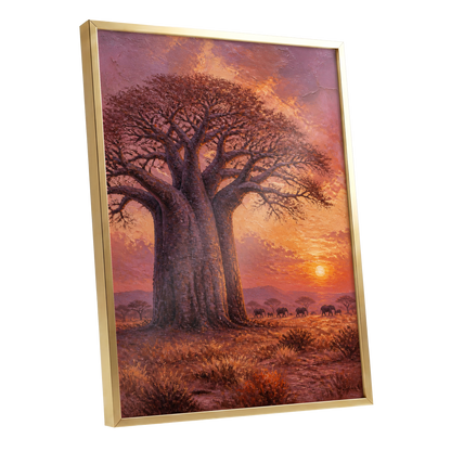 Baobab at Sundown, brown, orange, pink nature wall art shown as a gold framed poster wall art print