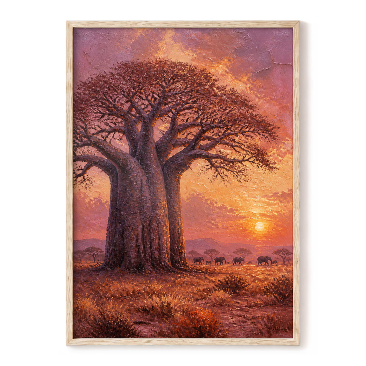 Baobab at Sundown, brown, orange, pink nature wall art, front artwork view