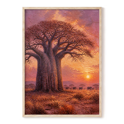 Baobab at Sundown, brown, orange, pink nature wall art, front artwork view