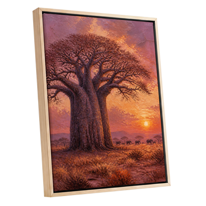 Baobab at Sundown, brown, orange, pink nature wall art shown as a oak framed canvas wall art