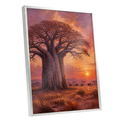 Baobab at Sundown, brown, orange, pink nature wall art shown as a silver framed poster wall art print