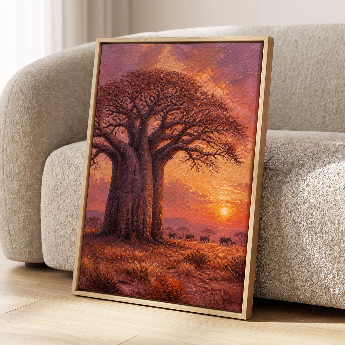 Baobab at Sundown, brown, orange, pink nature wall art displayed in a styled interior, gallery view 1