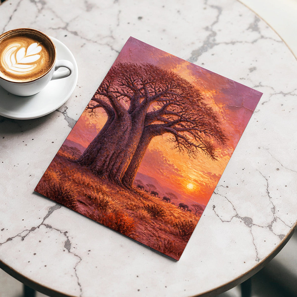 Baobab at Sundown, brown, orange, pink nature wall art displayed in a styled interior, gallery view 2