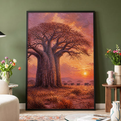 Baobab at Sundown, brown, orange, pink nature wall art displayed in a styled interior, gallery view 3