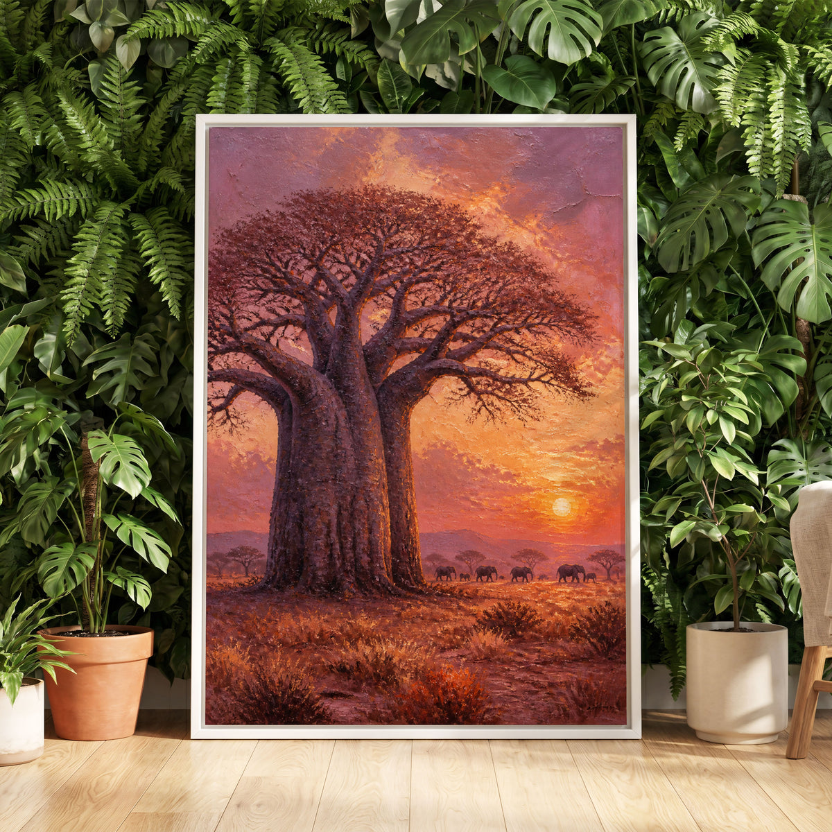 Baobab at Sundown, brown, orange, pink nature wall art displayed in a styled interior, gallery view 5
