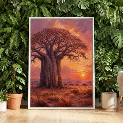 Baobab at Sundown, brown, orange, pink nature wall art displayed in a styled interior, gallery view 5