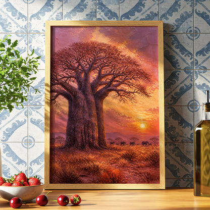 Baobab at Sundown, brown, orange, pink nature wall art displayed in a styled interior, gallery view 6
