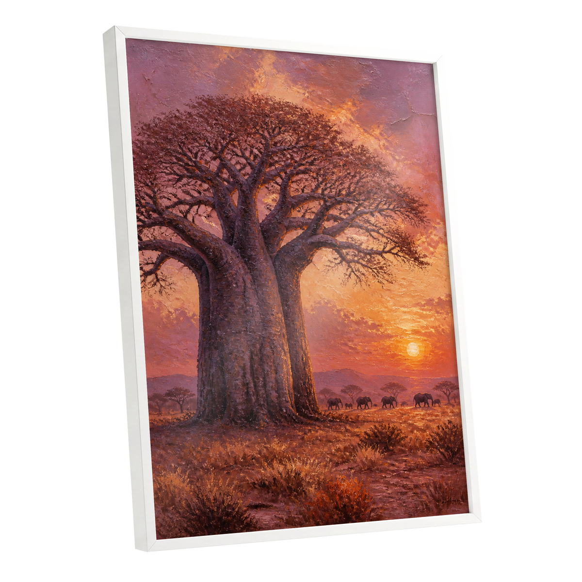 Baobab at Sundown, brown, orange, pink nature wall art shown as a white framed poster wall art print