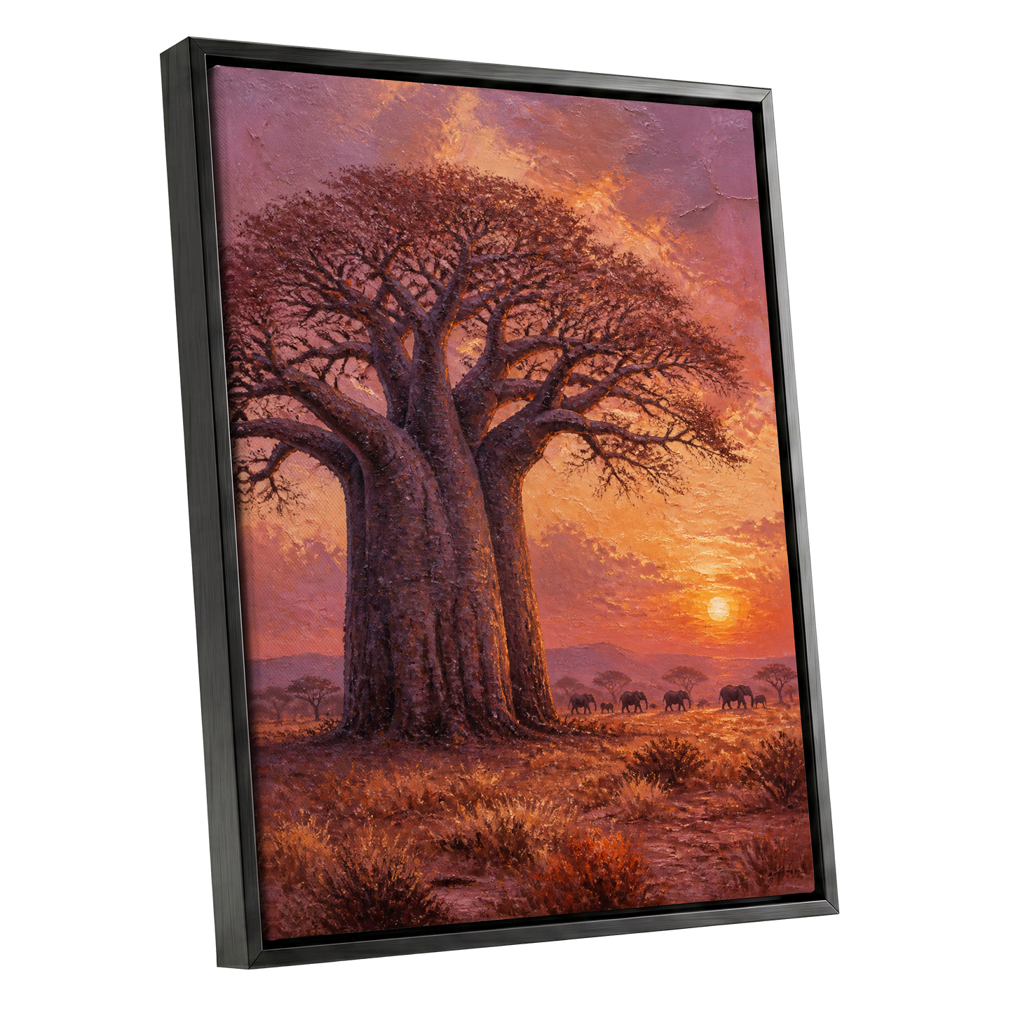 Baobab Sundown, brown, orange, purple nature wall art shown as a black framed canvas wall art