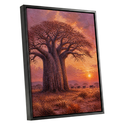 Baobab Sundown, brown, orange, purple nature wall art shown as a black framed canvas wall art