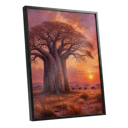 Baobab Sundown, brown, orange, purple nature wall art shown as a black framed poster wall art print