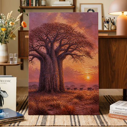 Baobab Sundown, brown, orange, purple nature wall art on canvas displayed in a styled interior, gallery view 1