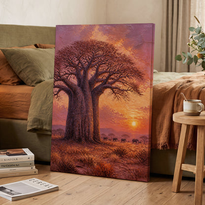 Baobab Sundown, brown, orange, purple nature wall art on canvas displayed in a styled interior, gallery view 2