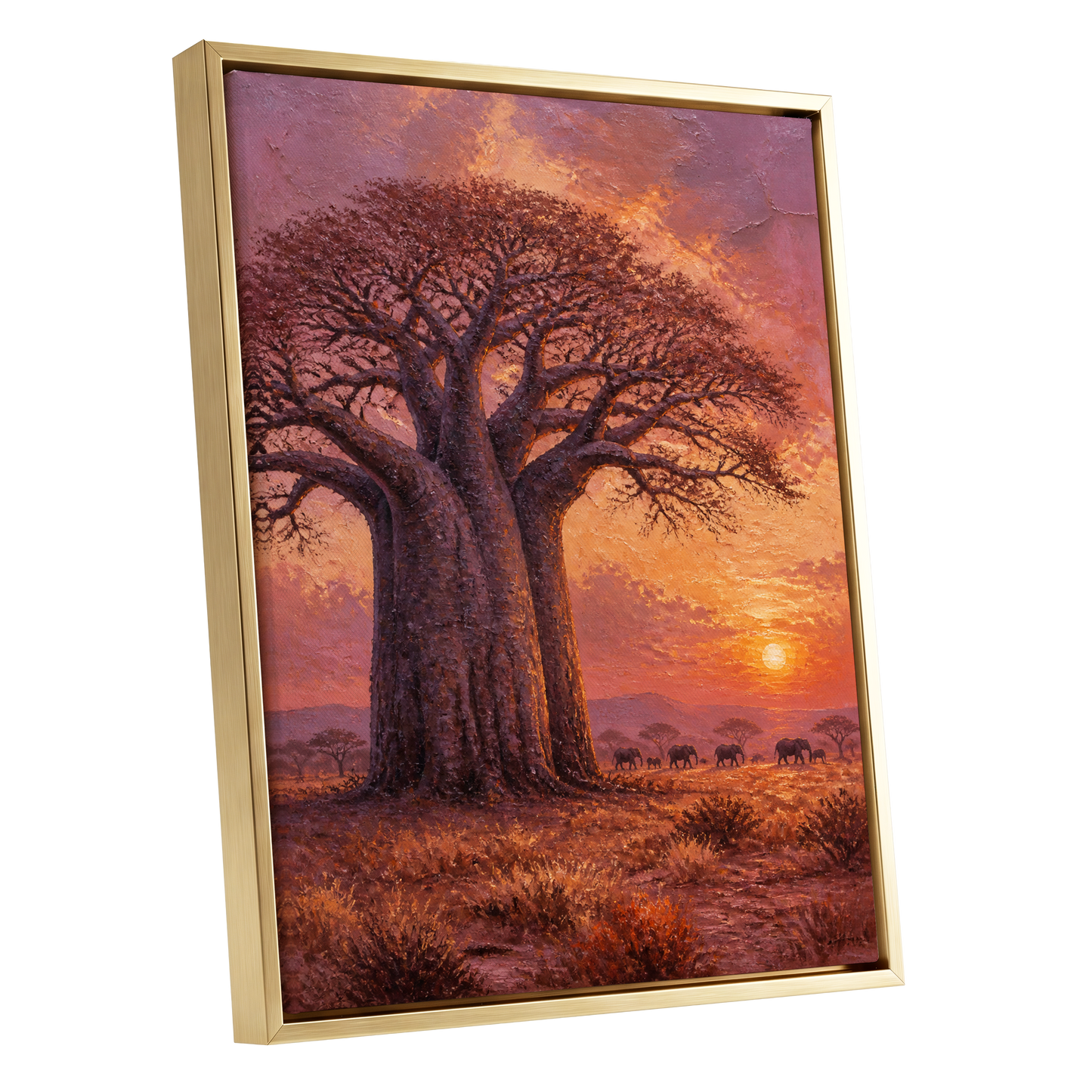 Baobab Sundown, brown, orange, purple nature wall art shown as a gold framed canvas wall art