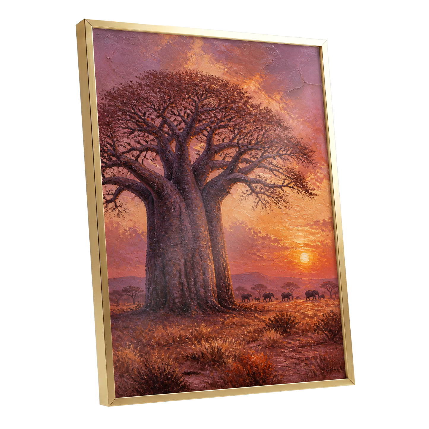 Baobab Sundown, brown, orange, purple nature wall art shown as a gold framed poster wall art print