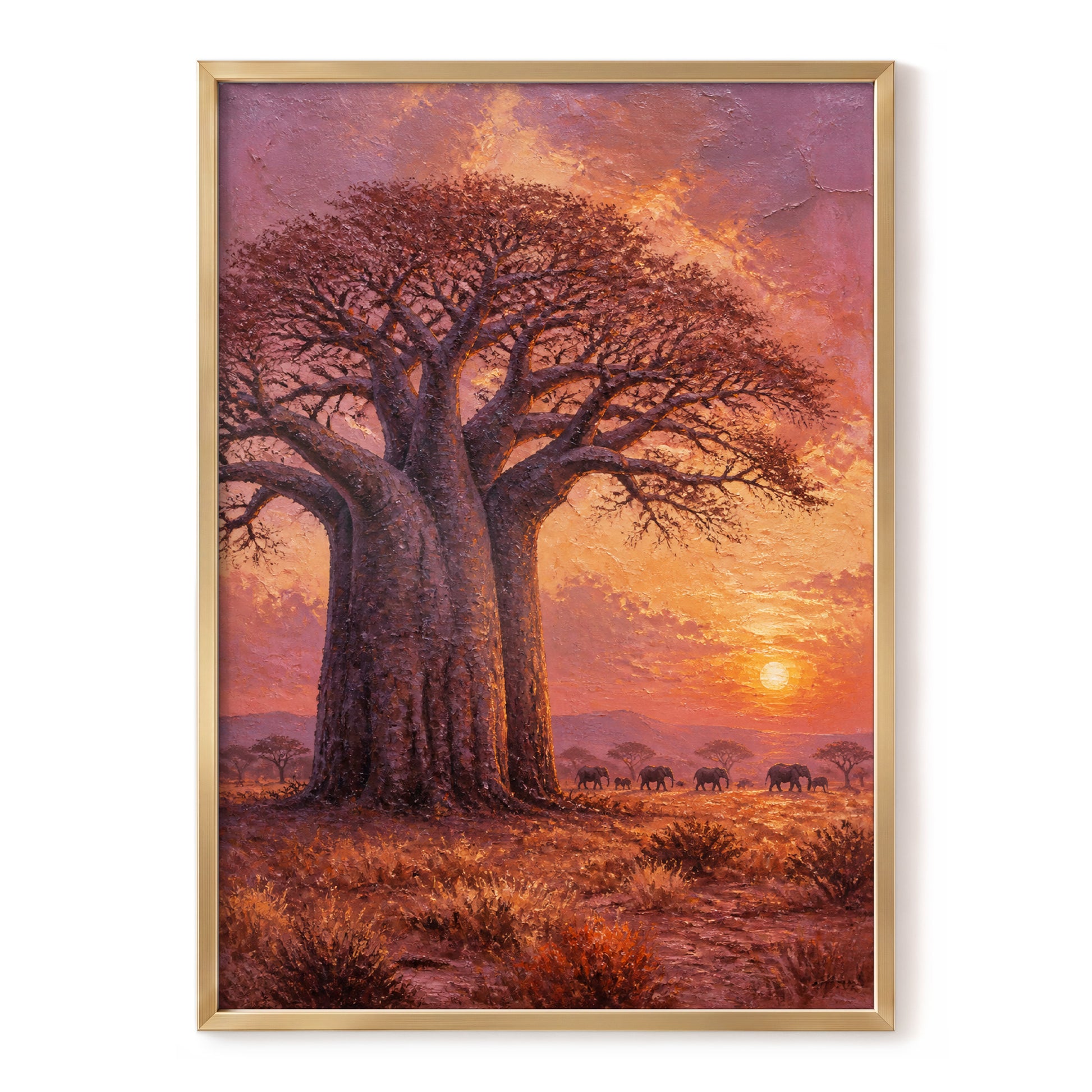 Baobab Sundown, brown, orange, purple nature wall art, front artwork view