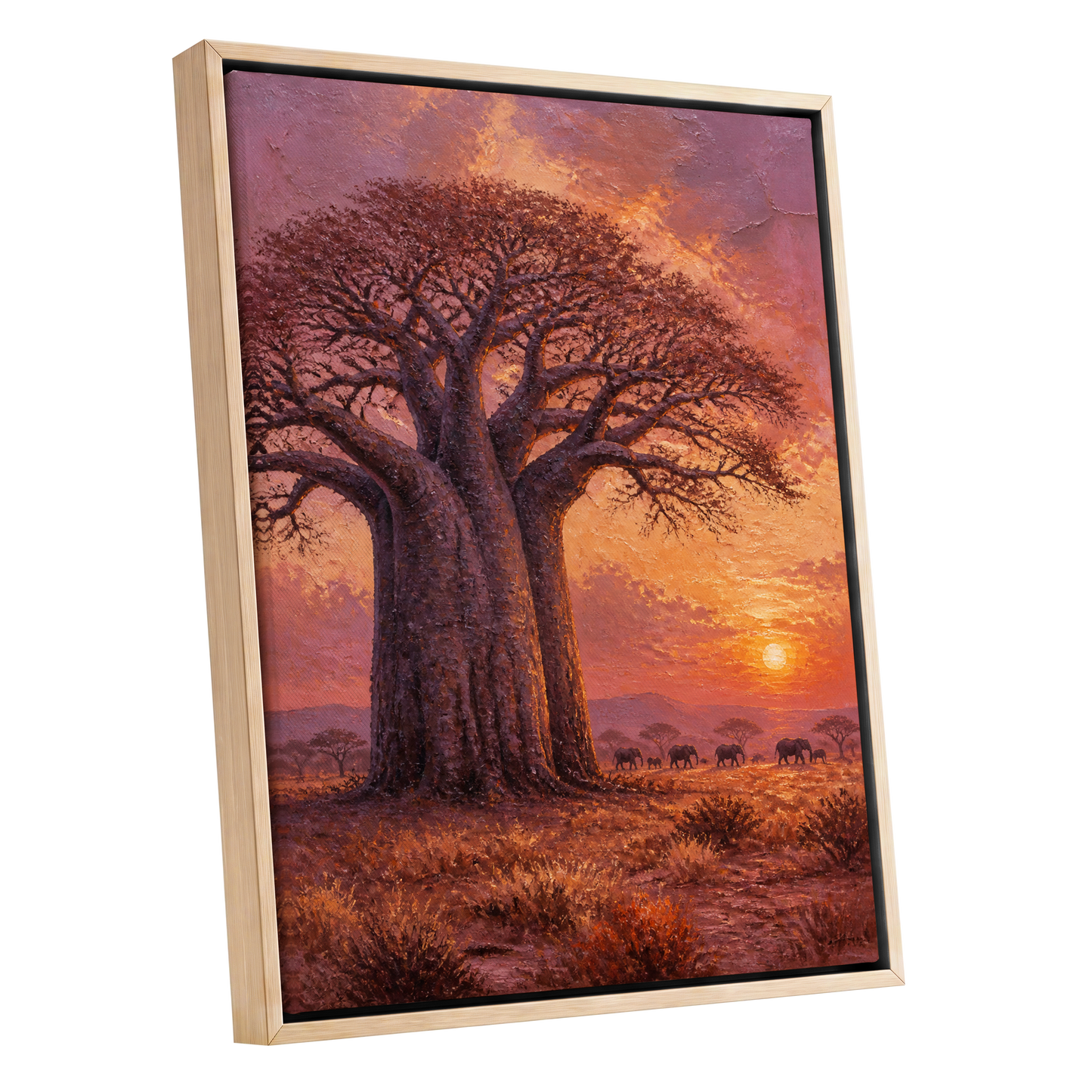 Baobab Sundown, brown, orange, purple nature wall art shown as a oak framed canvas wall art