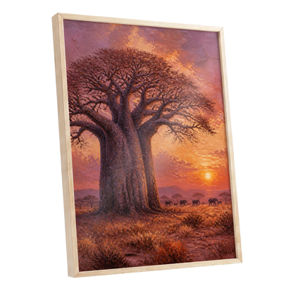 Baobab Sundown, brown, orange, purple nature wall art shown as a oak framed poster wall art print
