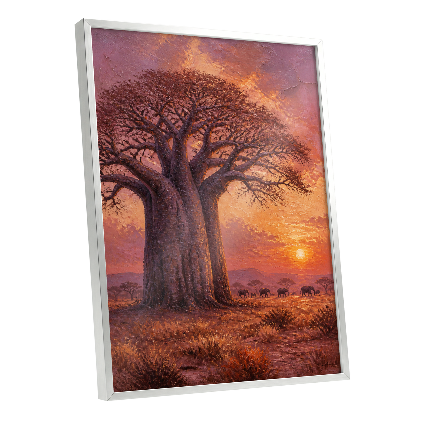 Baobab Sundown, brown, orange, purple nature wall art shown as a silver framed poster wall art print