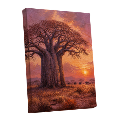 Baobab Sundown, brown, orange, purple nature wall art shown as a stretched canvas wall art