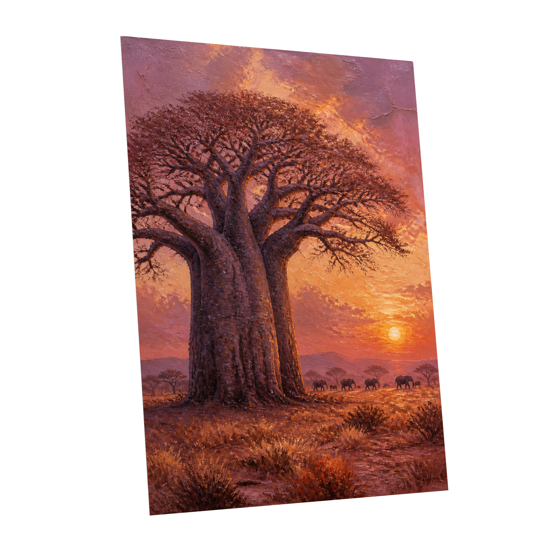 Baobab Sundown, brown, orange, purple nature wall art shown as a unframed poster wall art print