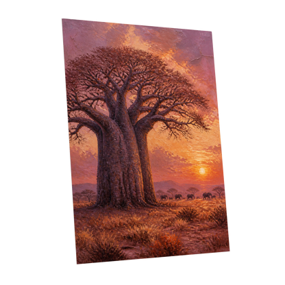 Baobab Sundown, brown, orange, purple nature wall art shown as a unframed poster wall art print