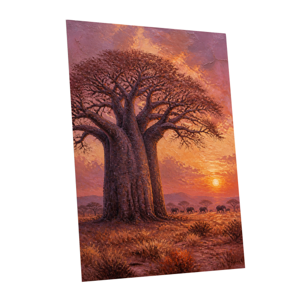 Baobab Sundown, brown, orange, purple nature wall art shown as a unframed poster wall art print