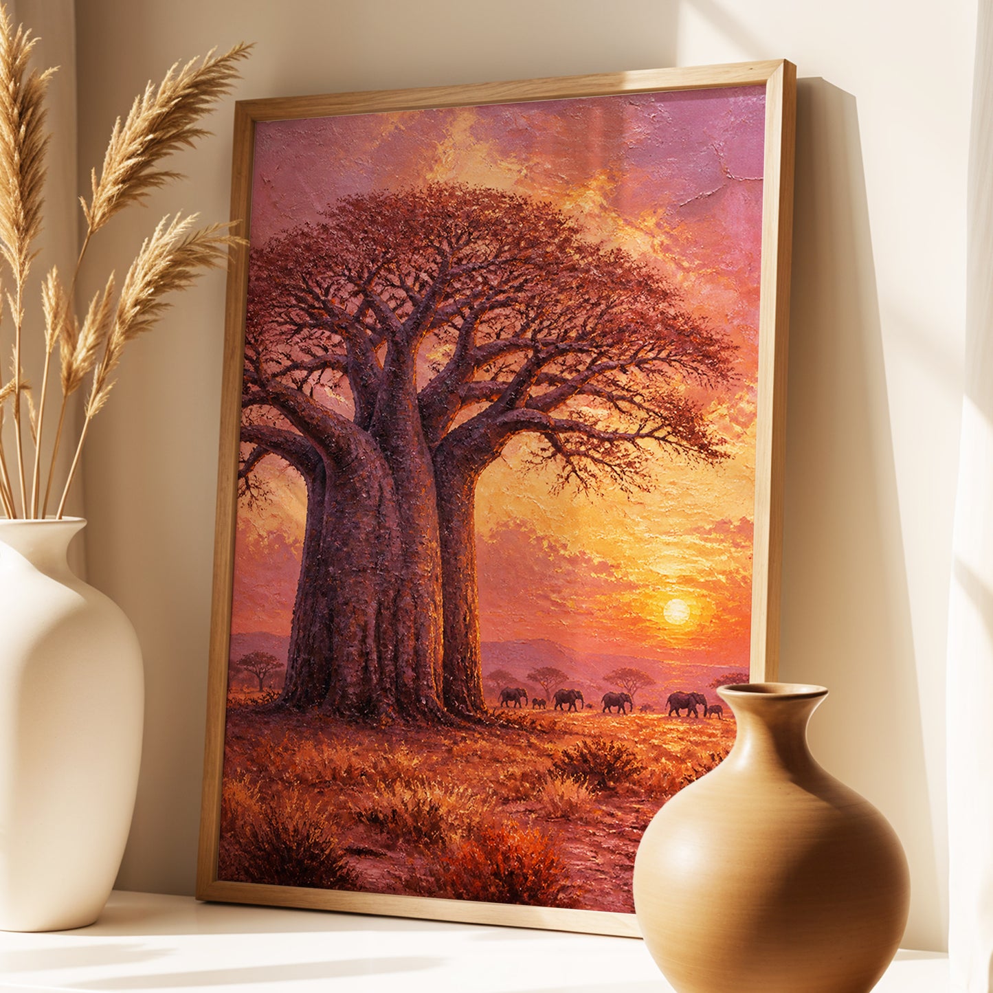 Baobab Sundown, brown, orange, purple nature wall art displayed in a styled interior, gallery view 1