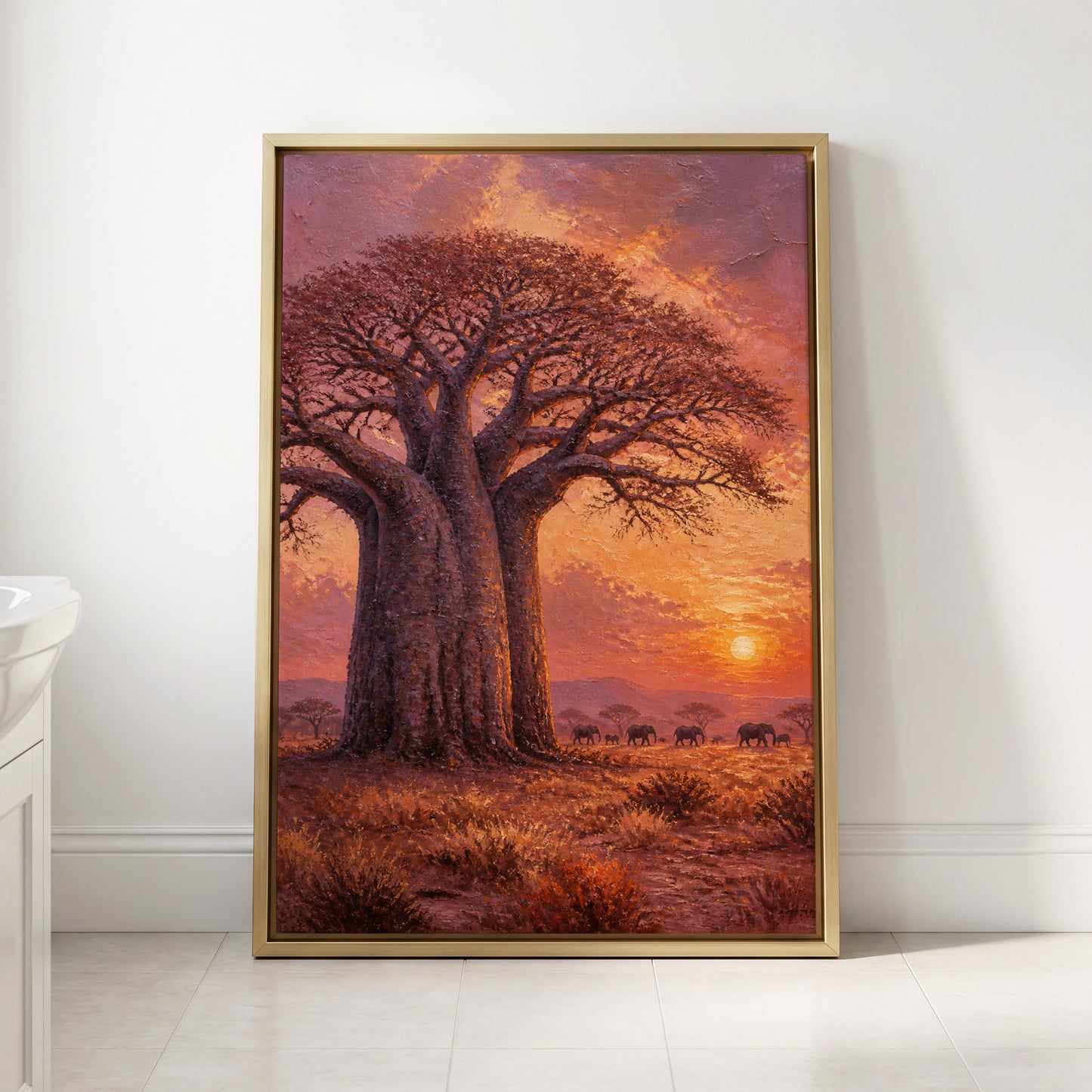 Baobab Sundown, brown, orange, purple nature wall art displayed in a styled interior, gallery view 2