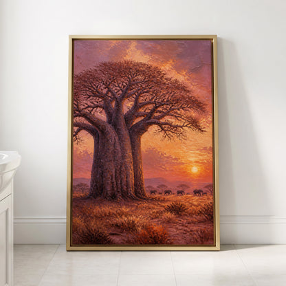 Baobab Sundown, brown, orange, purple nature wall art displayed in a styled interior, gallery view 2